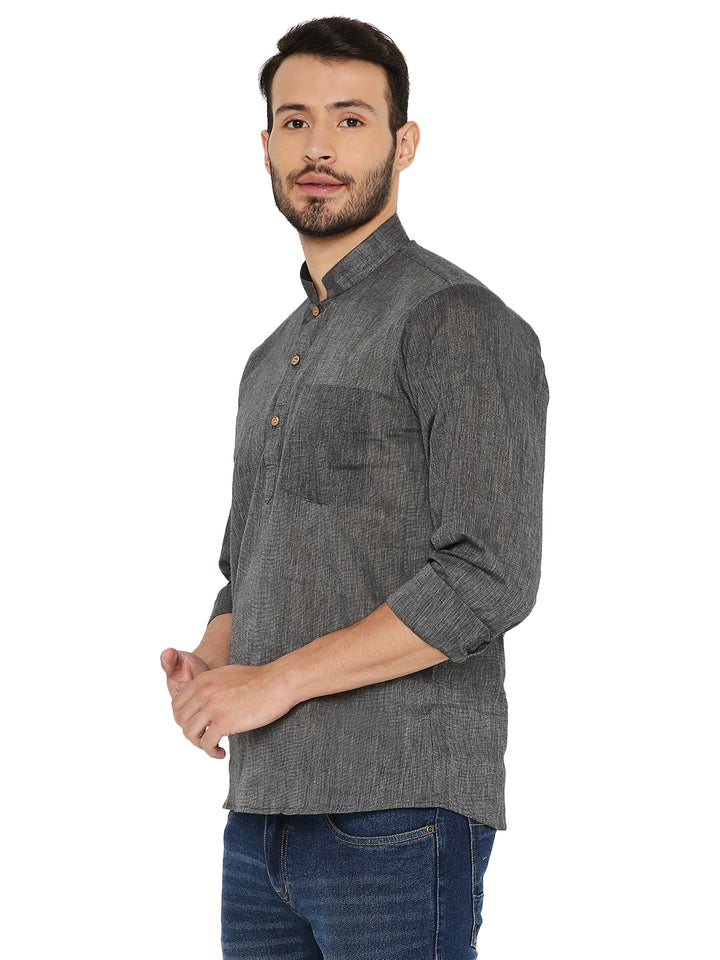 Side view of Black Cotton Kurta - Comfortable Fit | Lightweight, Breathable with long sleeves and chest pocket, perfect for traditional and modern styling.