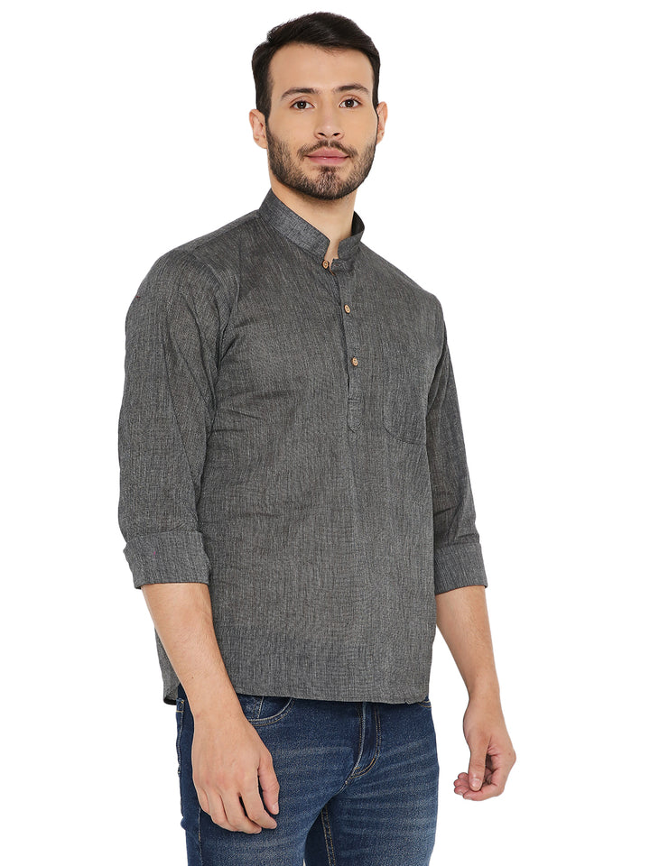 Angled front view of Black Cotton Kurta - Comfortable Fit | Lightweight, Breathable featuring handloom texture and relaxed fit for everyday comfort.