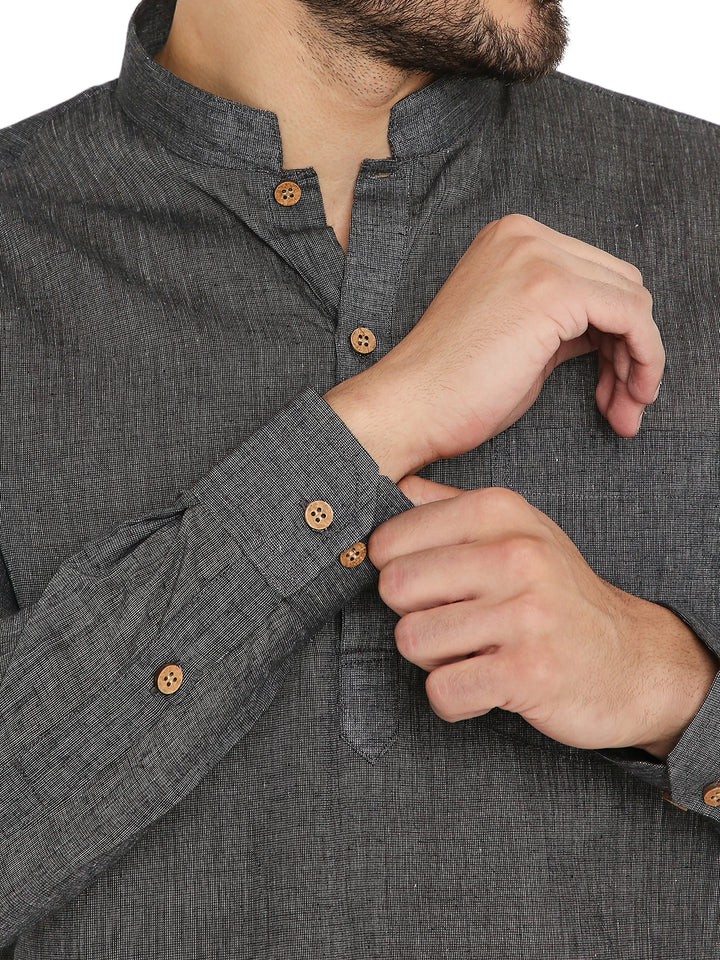 Close-up of cuff and buttons on Black Cotton Kurta - Comfortable Fit | Lightweight, Breathable highlighting fine handloom detailing and wooden button accents.