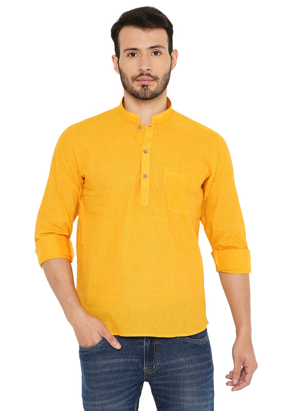 Yellow Handloom Kurta - Maharaja Cotton with mandarin collar and chest pocket, styled for casual and traditional wear.