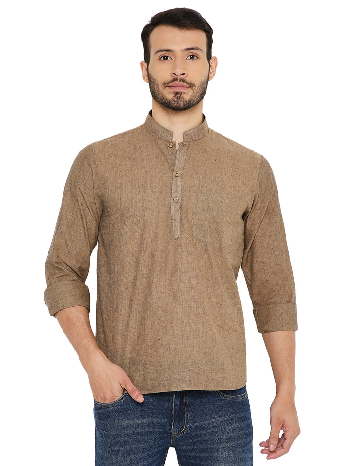 Handloom Cotton Kurta - Brown Summer Fit with mandarin collar and button placket, ideal for casual traditional wear.