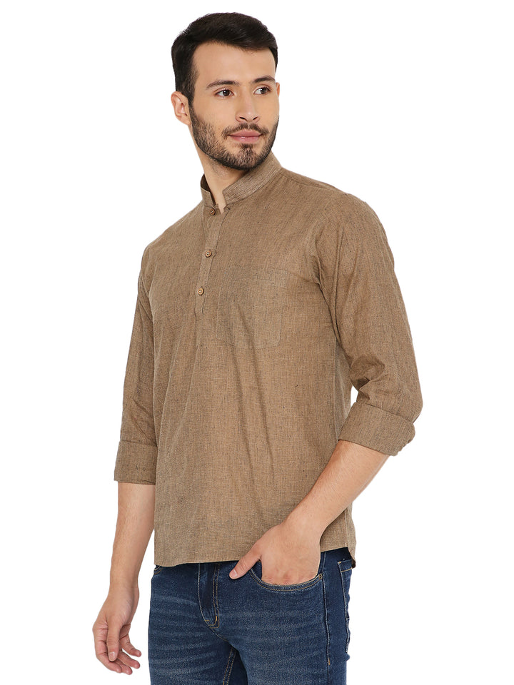Brown Handloom Cotton Short Kurta featuring breathable fabric and rolled-up sleeves, perfect for summer comfort and style.