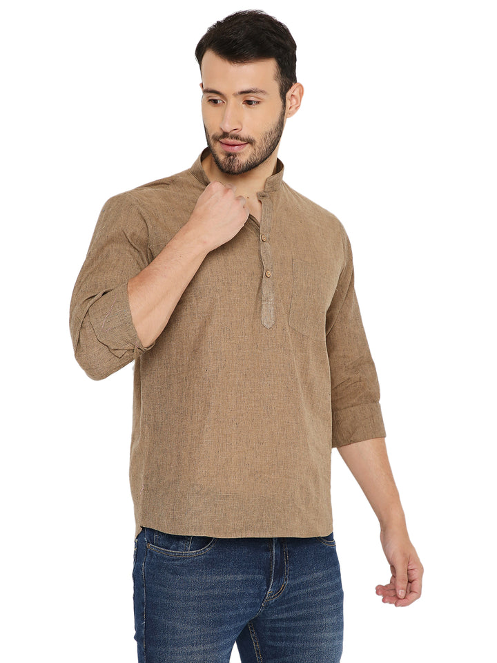 Lightweight Handloom Cotton Kurta in brown with a relaxed fit and half placket, designed for hot weather and daily wear.