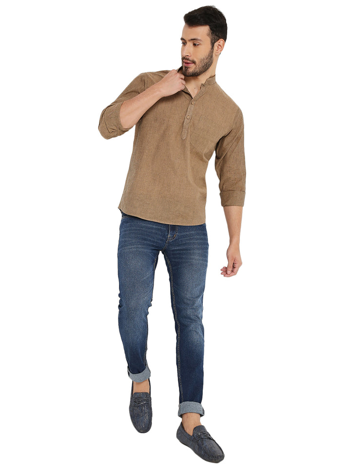 Versatile Handloom Cotton Short Kurta in brown styled with jeans, ideal for casual summer outings and traditional occasions.