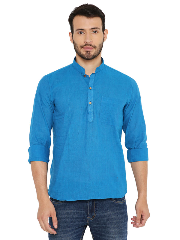Blue Handloom Kurta - Cotton | Lightweight, Versatile short kurta with mandarin collar and front buttons, ideal for casual traditional wear.