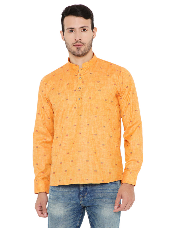 Linen Kurta - Summer Comfort Fabric in dark orange with mandarin collar and wooden buttons, ideal for traditional summer wear.