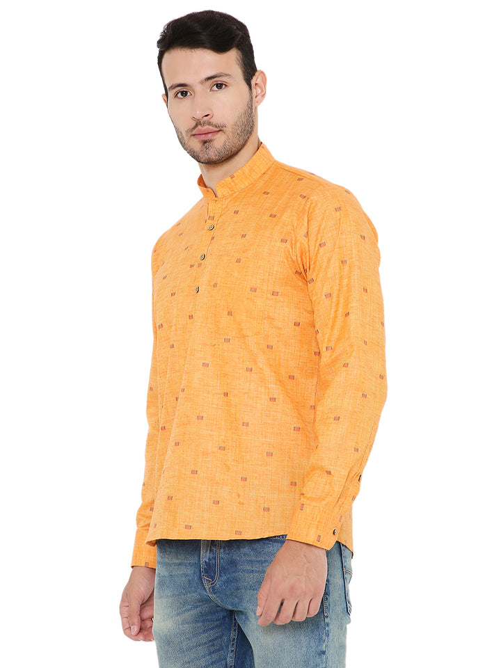 Side profile of dark orange Linen Kurta with subtle square motifs, designed for breathable summer comfort and ethnic style.