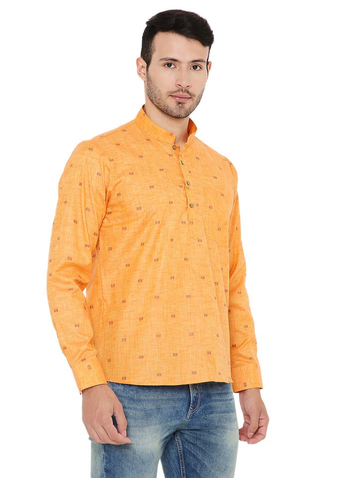 Angled view of dark orange Linen Short Kurta featuring a casual yet elegant look, suitable for summer events and daily wear.