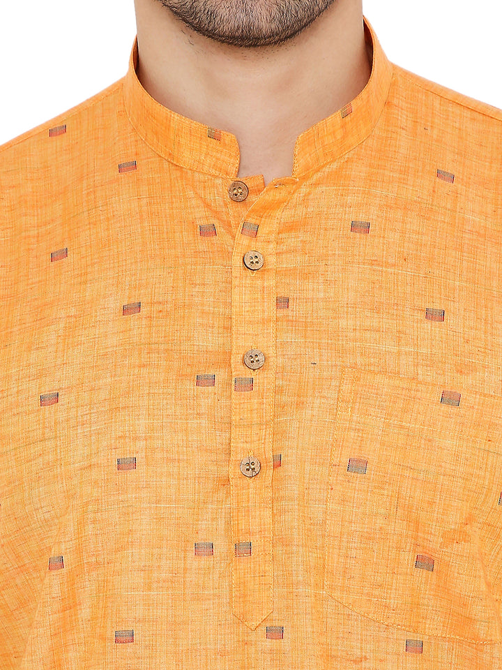 Close-up of dark orange Linen Kurta's wooden buttons and mandarin collar, highlighting fabric texture and traditional detailing.