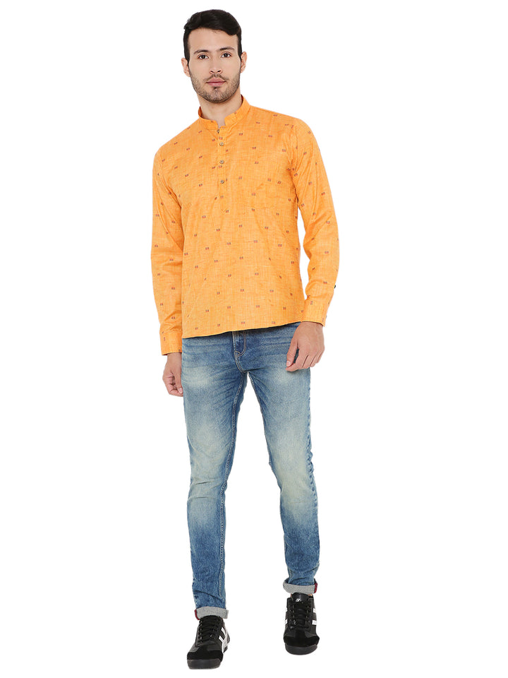 Full front view of dark orange Linen Kurta paired with jeans, showcasing a modern ethnic outfit for summer comfort and style.
