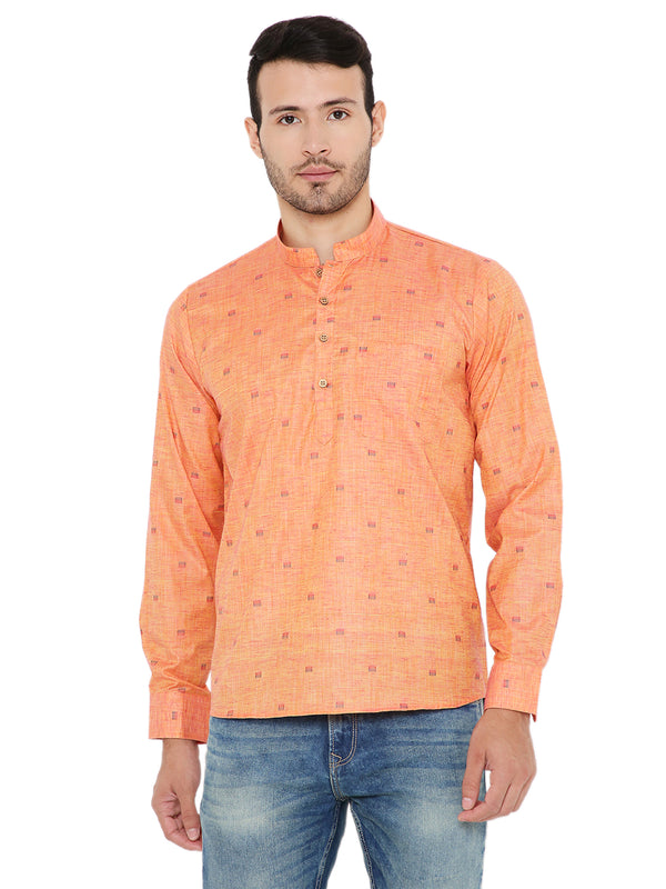 Linen Short Kurta in light red with mandarin collar and wooden buttons, ideal for summer comfort and traditional casual wear.