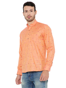 Linen Regular Short Kurta with Full Sleeves in Light Red for Men [MSHK027]