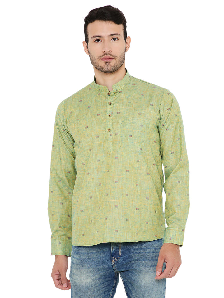 Olive Green Kurta - Linen Summer Wear with mandarin collar and wooden buttons, ideal for casual traditional looks in warm weather.