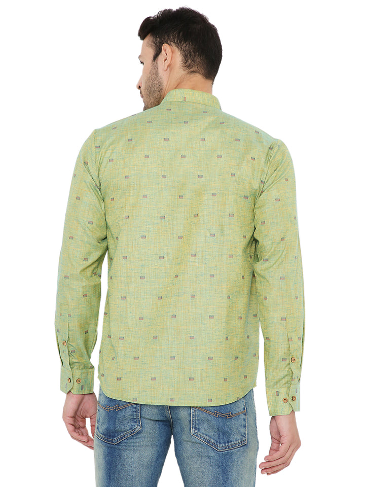 Back view of Olive Green Linen Short Kurta showcasing breathable fabric and relaxed fit, perfect for summer ethnic wear.