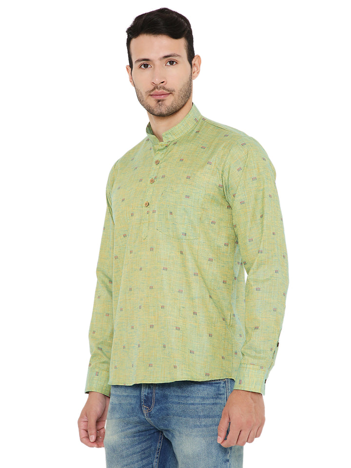 Side angle of Olive Green Linen Kurta with subtle patterns and long sleeves, offering a stylish and airy summer outfit.