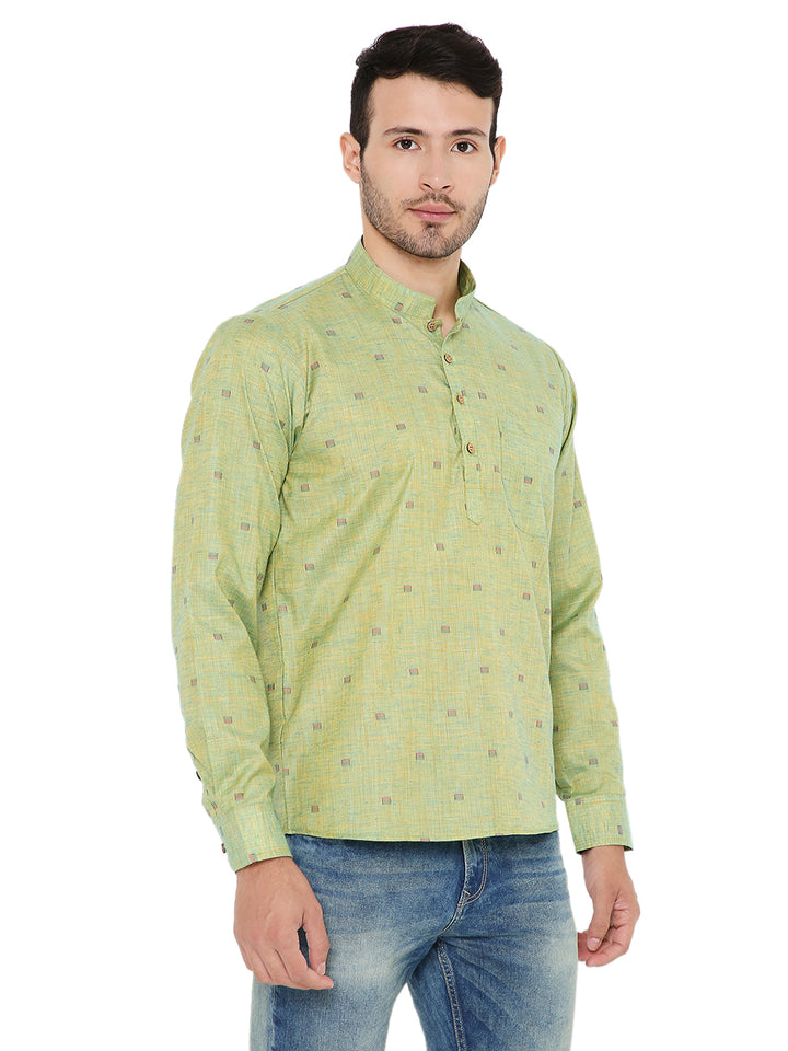 Versatile Olive Green Short Kurta in linen with traditional design and modern fit, great for festive or casual summer wear.