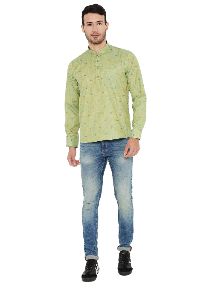 Full front view of Olive Green Linen Short Kurta paired with jeans, showcasing a modern ethnic summer outfit for men.