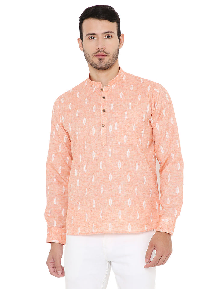 Linen Kurta Peach - Summer Comfort by Maharaja Clothing, front view of short kurta with white ikat pattern and wooden buttons.