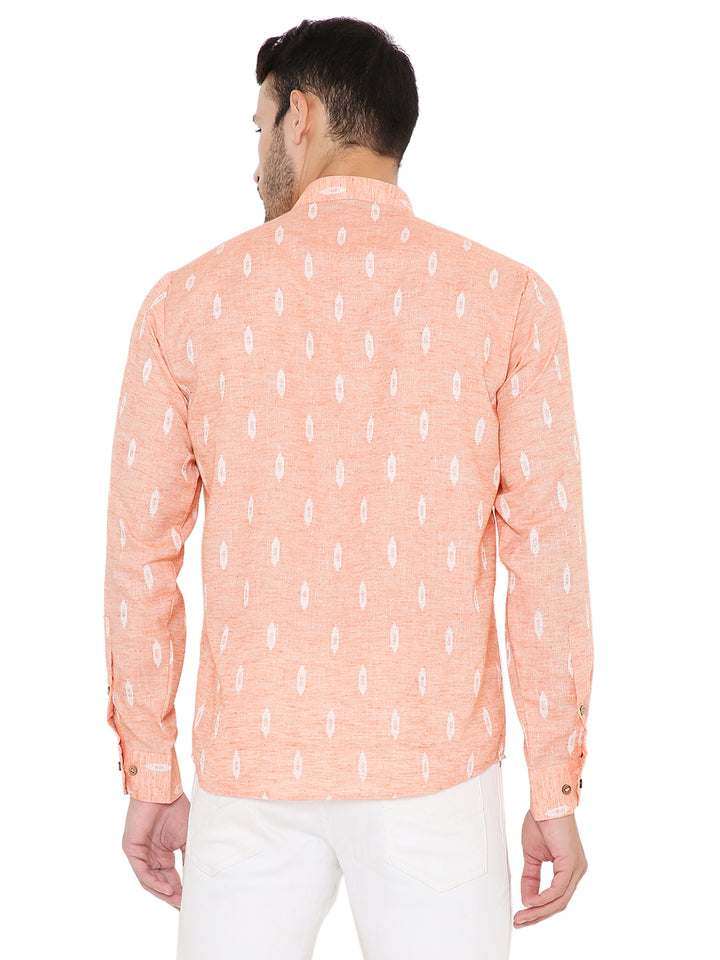 Back view of Linen Kurta Peach - Summer Comfort, showcasing breathable fabric and traditional ikat print for summer wear.