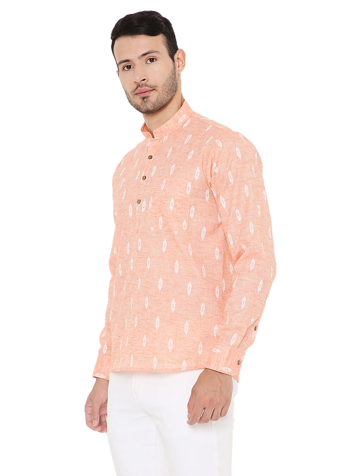 Side profile of Linen Kurta Peach - Summer Comfort, featuring mandarin collar and relaxed fit ideal for hot weather.