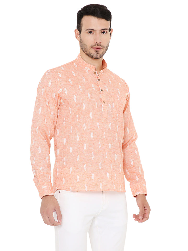Angled front view of Linen Kurta Peach - Summer Comfort, highlighting button placket and soft linen texture.