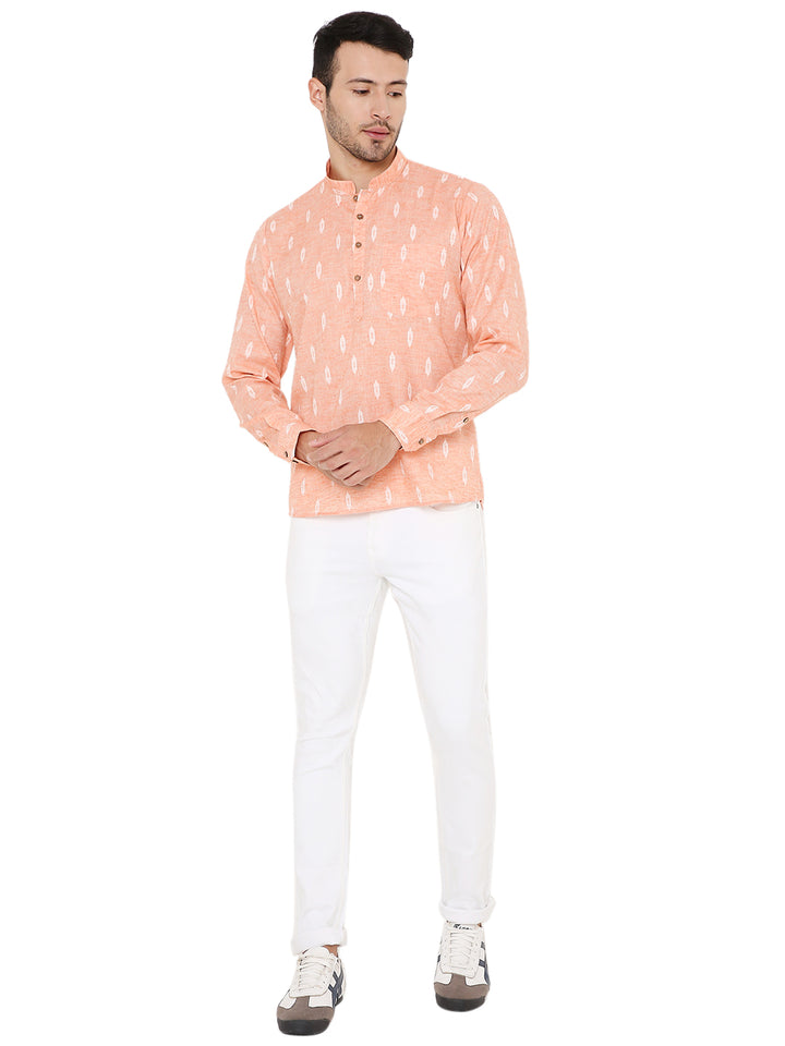 Full body view of Linen Kurta Peach - Summer Comfort styled with white pants, perfect for casual traditional summer outfits.