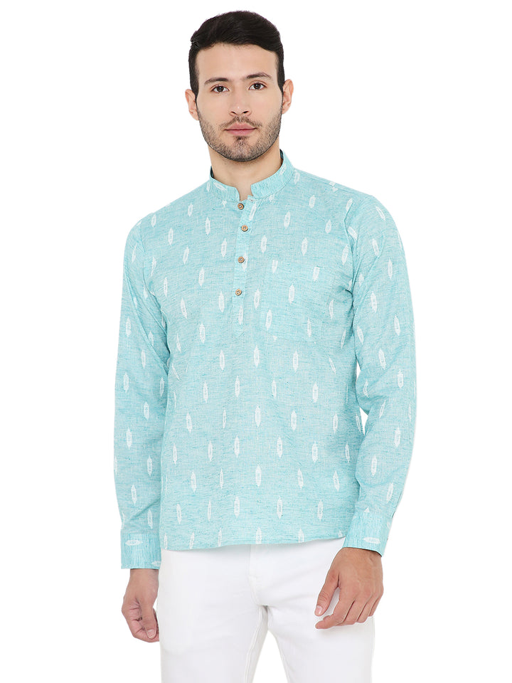 Blue Linen Kurta with mandarin collar and wooden buttons, ideal for summer comfort and traditional style. Breathable fabric with white ikat pattern.