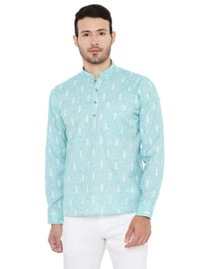 Linen Regular Short Kurta with Full Sleeves in Blue for Men [MSHK031]