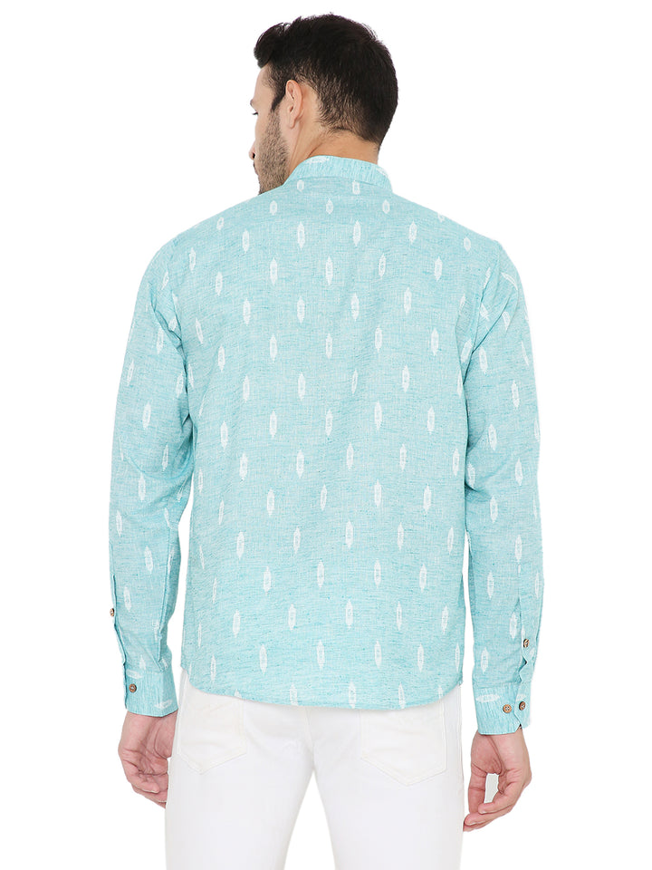 Back view of Blue Linen Kurta showcasing full sleeves and lightweight fabric, perfect for summer wear and traditional Indian outfits.