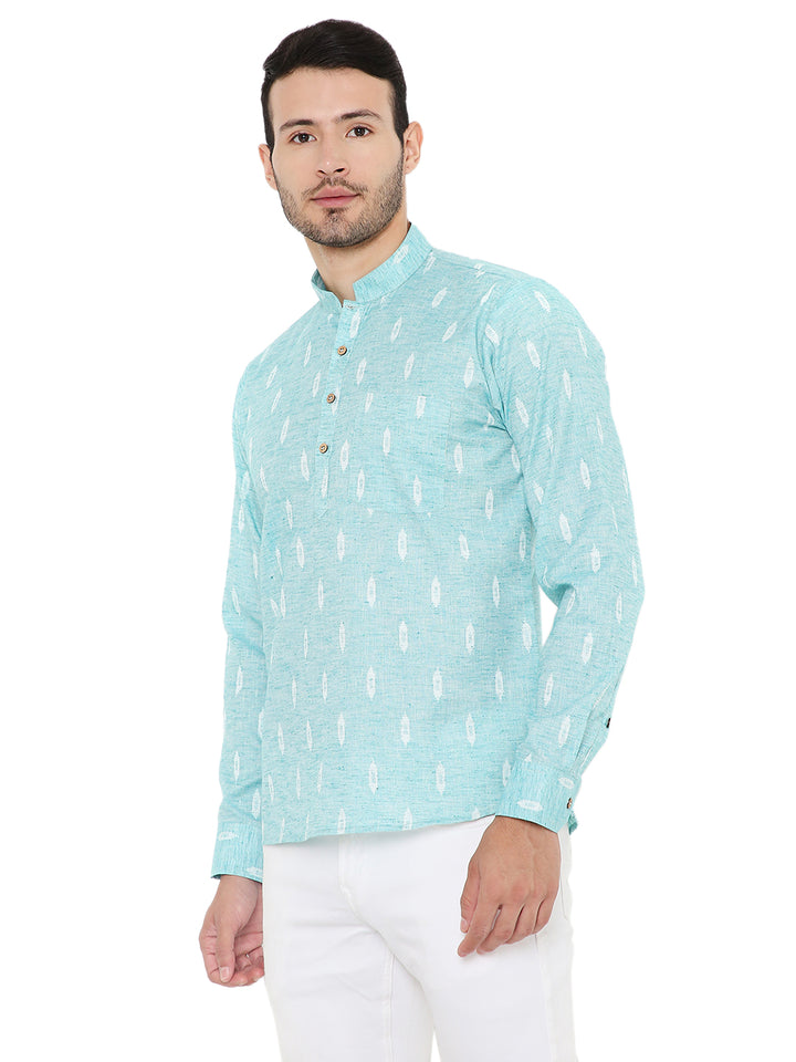 Side angle of Blue Linen Kurta highlighting its relaxed fit and breathable material, designed for stylish summer comfort.