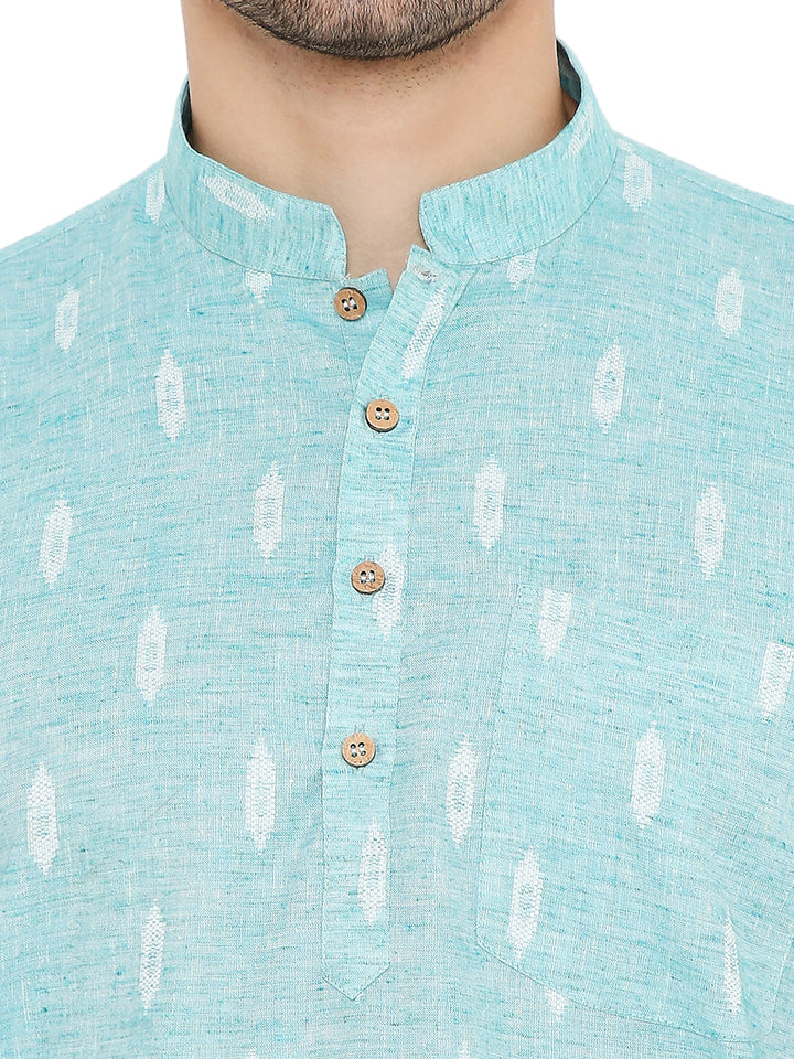Close-up of Blue Linen Kurta collar and button placket, showing fine texture and breathable weave for hot weather wear.