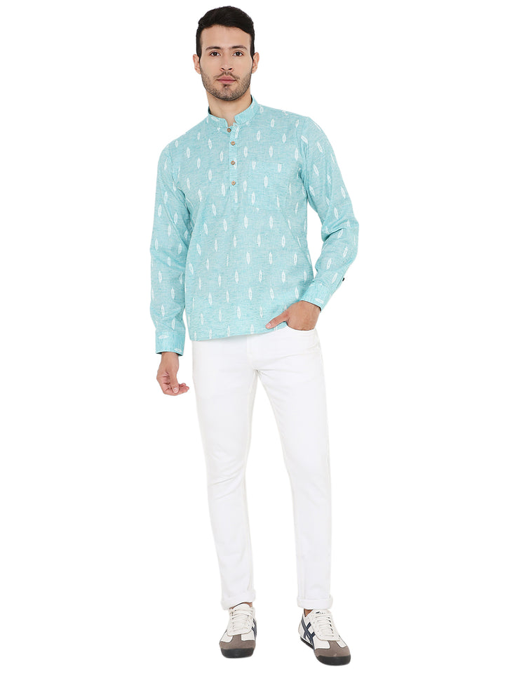 Full-length view of Blue Linen Kurta paired with white pants, perfect for summer fashion and traditional Indian casual wear.