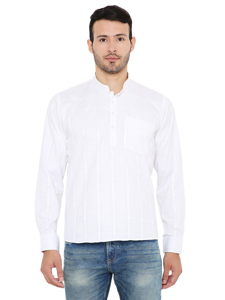 White Linen Kurta - Summer Comfort with mandarin collar and button placket, ideal for warm weather styling in traditional wear.