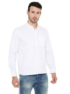 Linen Regular Short Kurta with Full Sleeves in White for Men [MSHK034]