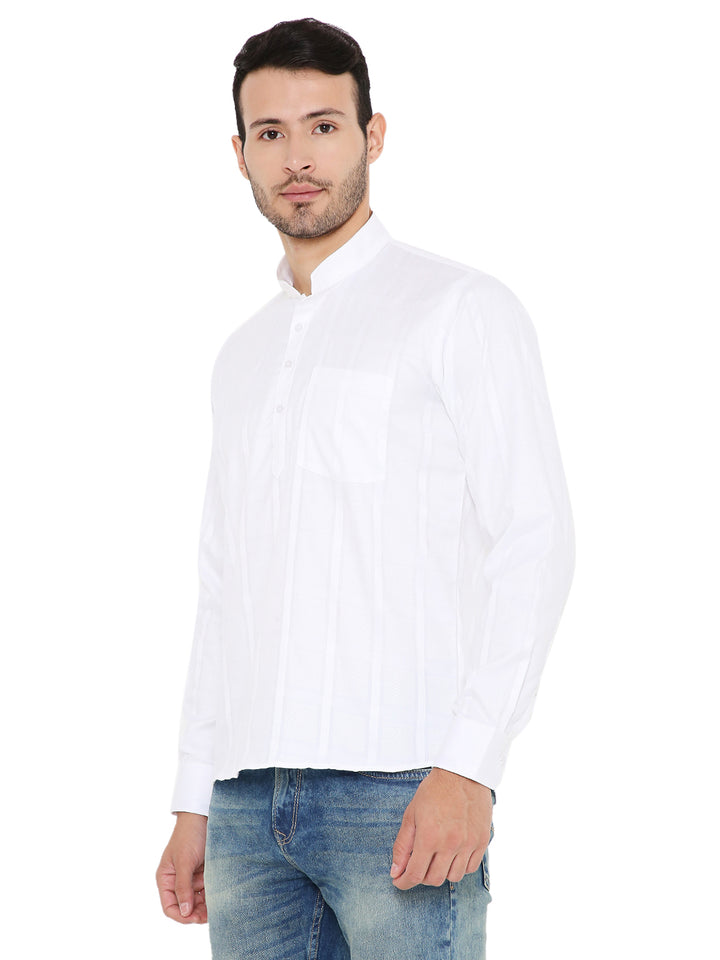 Side angle of White Linen Kurta - Summer Comfort highlighting its tailored fit and airy linen texture for hot climates.