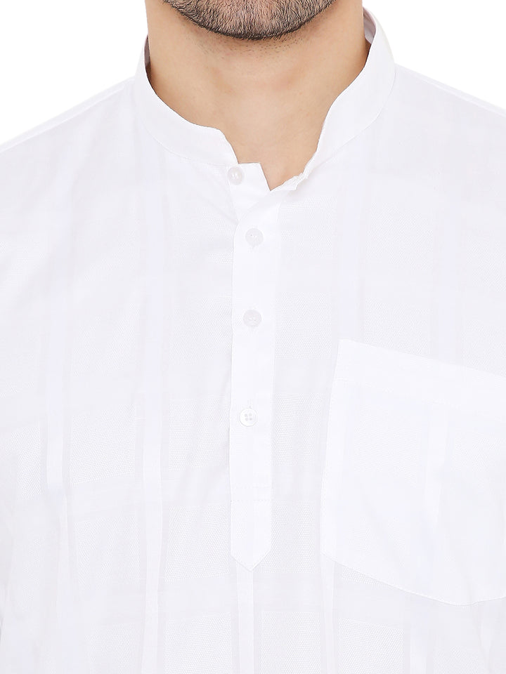 Close-up of White Linen Kurta - Summer Comfort showing button details and fine linen weave for a refined traditional style.