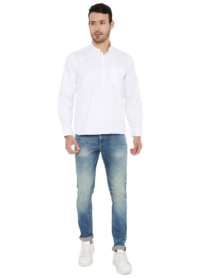 Full body view of White Linen Kurta - Summer Comfort paired with jeans, showcasing its versatile styling for modern ethnic fashion.