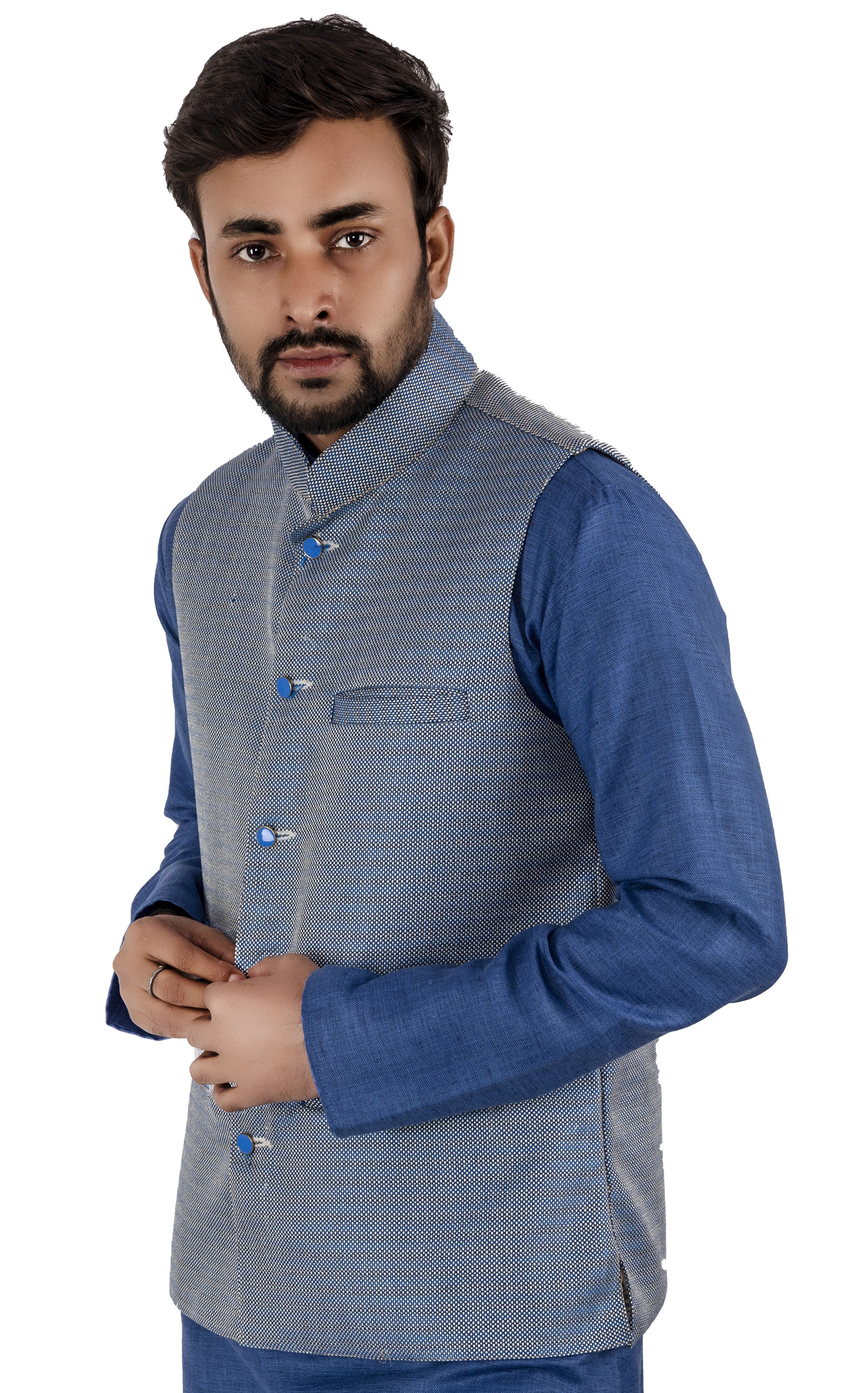 Men Khadi Grey & white striped Woven, Handmade Nehru Jacket – Karze