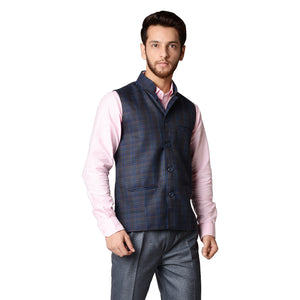 Blue Cotton Blend Checks Modi Jacket - Waist Coat [MSJ012]