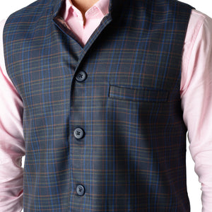 Blue Cotton Blend Checks Modi Jacket - Waist Coat [MSJ012]