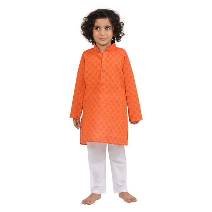 Kids Cotton Kurta Set - Maharaja Kurta Pyjama in dark orange with white pyjama, perfect for traditional events and festive wear.