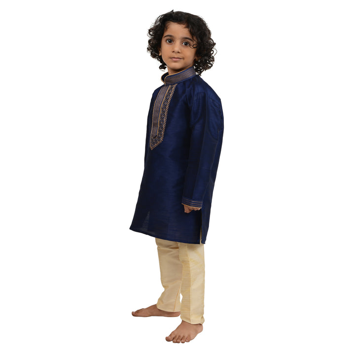 Side view of Art Silk Kurta Blue - Kids Gold Embroidered Set showing detailed gold embroidery and elegant traditional fit for boys.