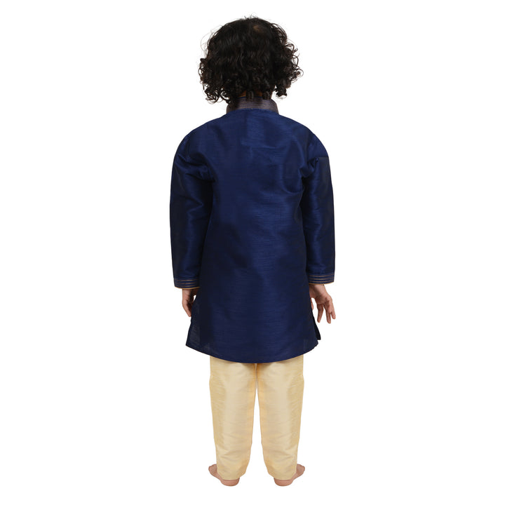 Back view of Art Silk Kurta Blue - Kids Gold Embroidered Set showing smooth finish and rich texture of the blue art silk fabric.
