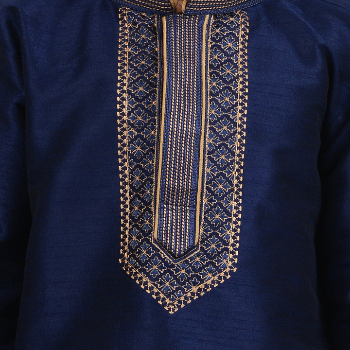 Close-up of Art Silk Kurta Blue - Kids Gold Embroidered Set showcasing intricate gold thread embroidery on the neckline for a regal look.