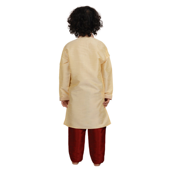 Back view of gold art silk kurta from the Kids Gold Kurta Set, paired with red churidar pants for boys' ethnic wear.