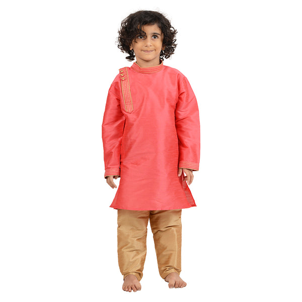 Art Silk Pink Kurta for boys with side button detail, paired with golden churidar, ideal for festive and traditional occasions.