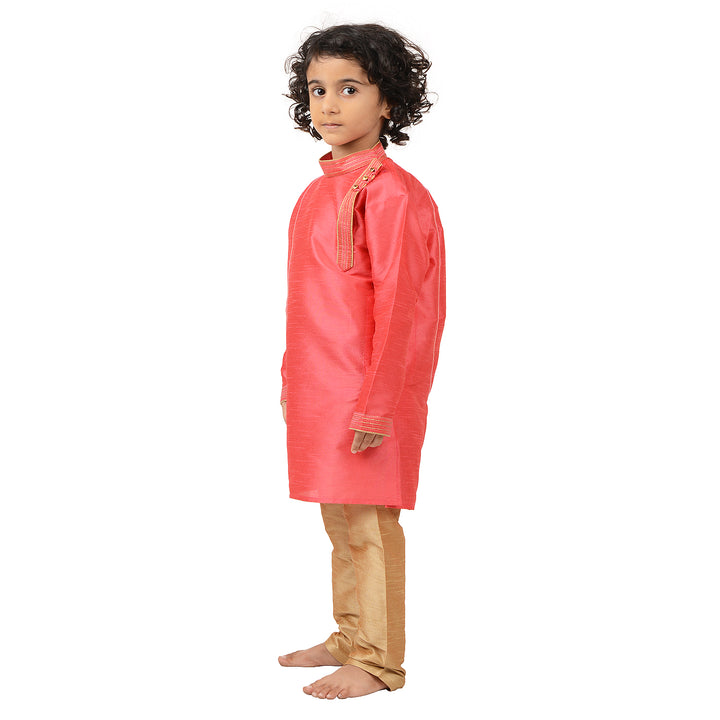 Side profile of Art Silk Pink Kurta - Kids Kurta Pyjama set, showcasing elegant tailoring and comfortable fit for boys.