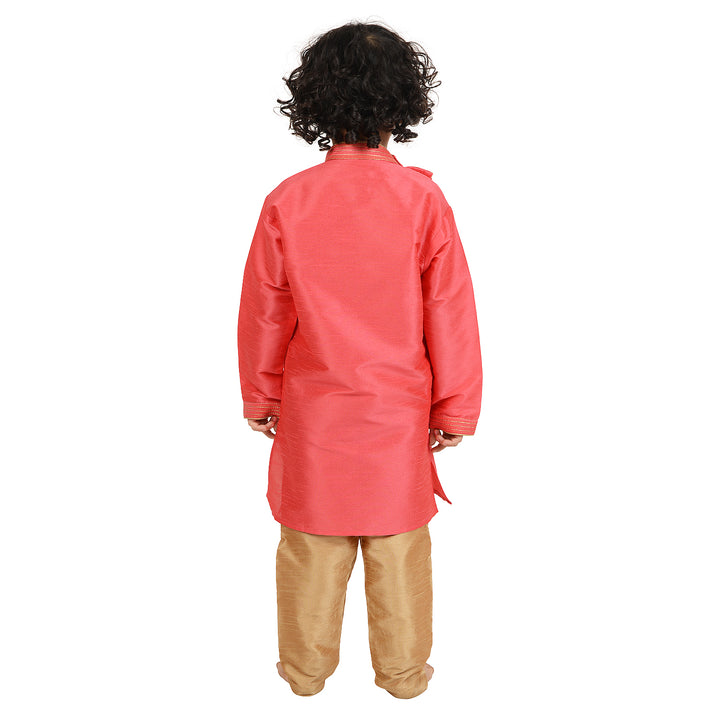 Back view of boys Art Silk Pink Kurta set, highlighting the smooth finish and classic cut for traditional celebrations.