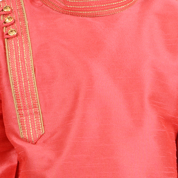 Close-up of Art Silk Pink Kurta's side button placket with gold embroidery, showcasing fine detailing and premium fabric.