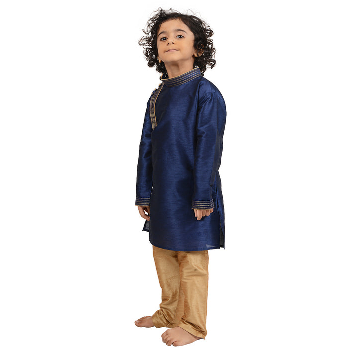 Side view of Blue Kids Kurta Set - Art Silk Side Button showing elegant tailoring and traditional design for boys' ethnic wear.